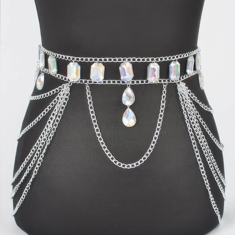 Metal Layered Chain Belt W/acrylic Stone